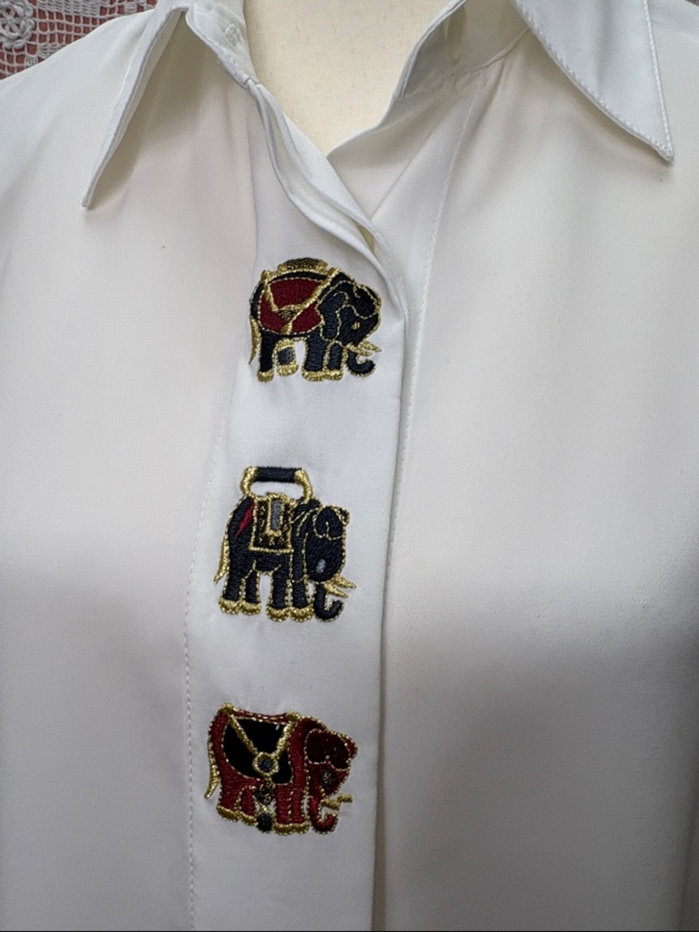 Vintage Italian Silk Blouse with Embroidered Elephant Accents - Picture 2 of 9